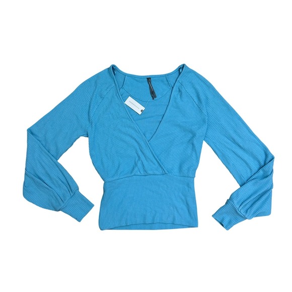 Anthropologie Tops - Anthropologie light blue Ribbed Wrap Top Long Sleeve Balloon Cuff Blue XS NEW